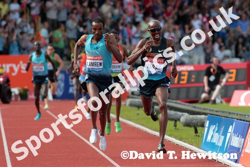 Mo Farah (GB) outsprints Yenew Alamirew (Eith) in the 5000 metres at the IAAF Diamond League, Birmingham.